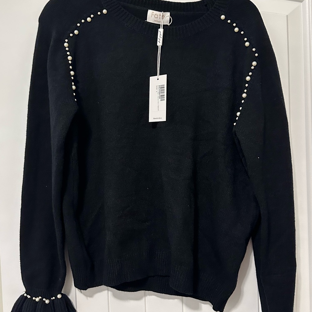 Petal & Pup Black Sweater with Pearl Accents